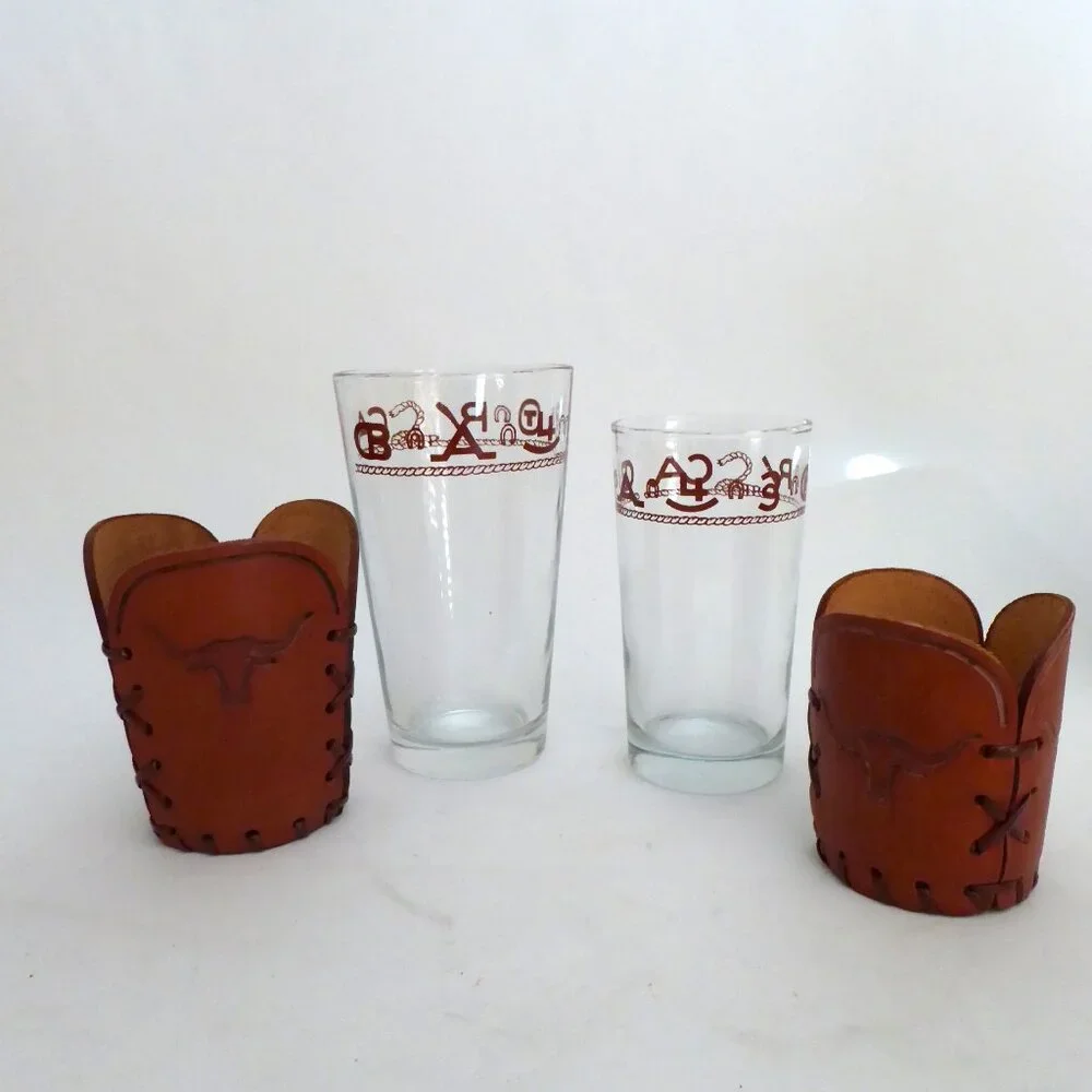 1950’s VINTAGE WESTERN THEMED COWBOY LONGHORN BRAND GLASS SET & WOOD COASTERS - Picture 6 of 16
